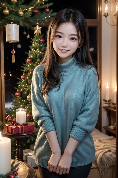  01 beautiful 20-year-old Chinese woman , with a smile,  next to a Christmas tree with ornaments, lights, starry sky,  in the background gifts and decorative candles , demonstrating the magic of Christmas 