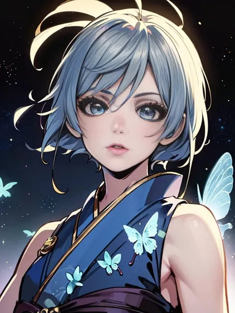 a beautiful woman with short silver hair, wearing a blue kimono, butterflies flying, in a starry sky, colorful and shimmering starry sky, anime-style illustration, (best quality,4k,8k,highres,masterpiece:1.2),ultra-detailed,(realistic,photorealistic,photo-...