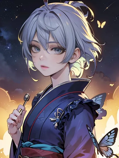 a beautiful woman with short silver hair, wearing a blue kimono, butterflies flying, in a starry sky, colorful and shimmering starry sky, anime-style illustration, (best quality,4k,8k,highres,masterpiece:1.2),ultra-detailed,(realistic,photorealistic,photo-...