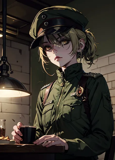 Masterpiece, black blonde styled hair, gloomy girl, dystopian world, military cap, pale military uniform, brown eyes, closed clothung, sits, gloomy military table in the dining room, dystopic art in green iron lights, dim white lights, dystopian post-war c...