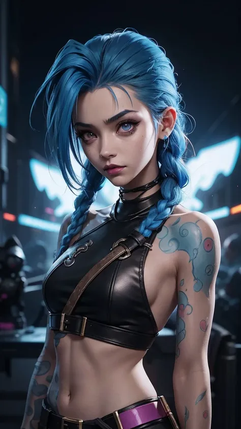 jinx arcane, uma mulher com blue hair e tatuagens,  mulher cyberpunk mulher anime , pants,  Deusa cyberpunk raivosa bonita ,  cyberpunk art style , Digital art of cyberpunk anime, cyberpunk anime art, arcane Jinx Retrato, cyberpunk anime art, cyberpunk the...