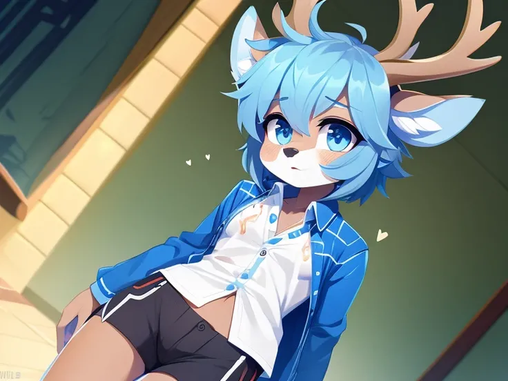 Cute deer furry messy hairstyle detailed body open shirt shorts blue veins 