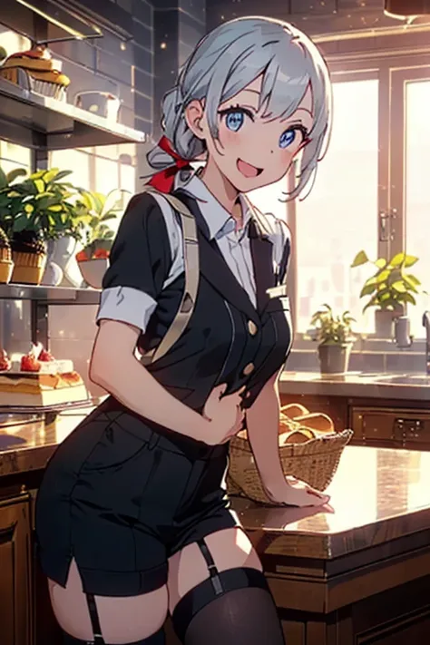 (perky chest:1.2), (pointed chest:1.2),(((Black Tunic:1.3))),(((cakes and bread in the basket),Cute and beautiful girl,(masterpiece), 1girl, solo, adult female, perfect adult female body, (sexy and seductive pose:1.3), bar interior at morning, countertop, ...