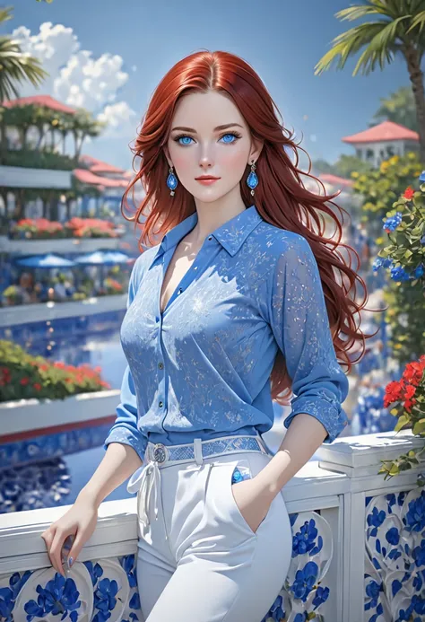 a very lifelike woman dressed in a blue top and white pants, 1girl, jewelry, earrings, solo, blue eyes, looking at viewer, long hair, red hair, 