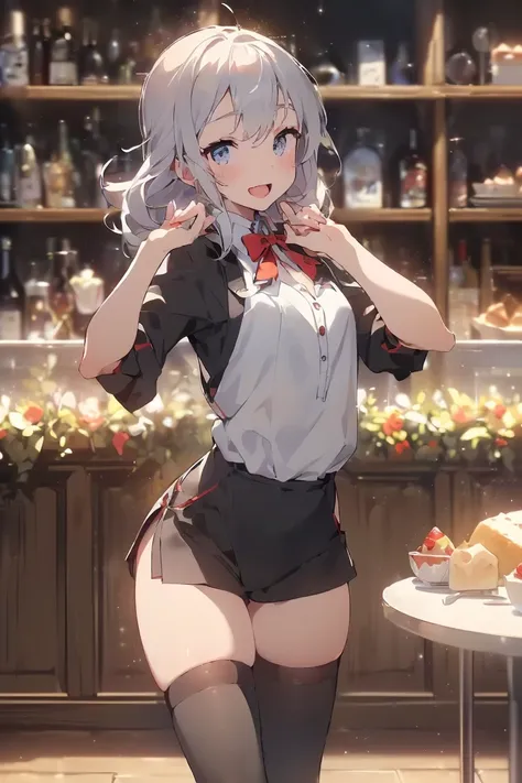 (perky chest:1.2), (pointed chest:1.2),(((Black Tunic:1.3))),(((cakes and bread in the basket),Cute and beautiful girl,(masterpiece), 1girl, solo, adult female, perfect adult female body, (sexy and seductive pose:1.3), bar interior at morning, countertop, ...