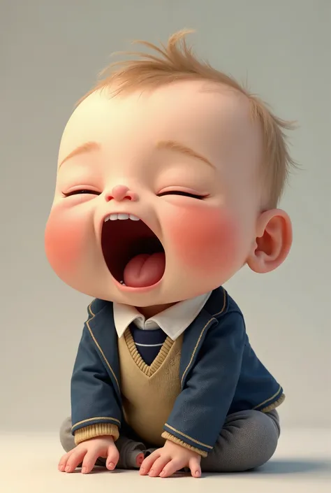 A cute chubby baby yawning in a school uniform