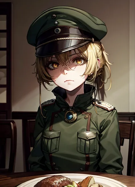 Masterpiece, black blonde styled hair, gloomy girl, dystopian world, military cap, pale military uniform, brown eyes, closed clothung, sits, gloomy military table in the dining room, dystopic art in green iron lights, dim white lights, dystopian post-war c...