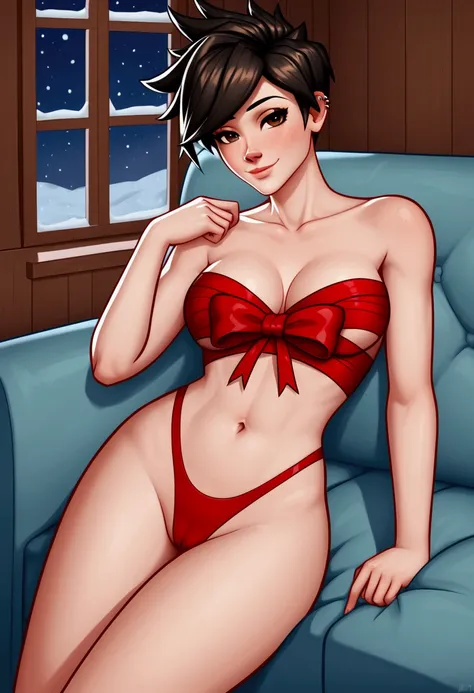 1girl, BREAK Tracer, black hair, short hair, brown eyes, (detailed eyes), (meduim breasts:0.8), beautiful detailed eyes, sexy face, wearing a Christmas wrapping, wraps covering her nipples, present bow for her breasts top, exposed midriff, present bow cove...