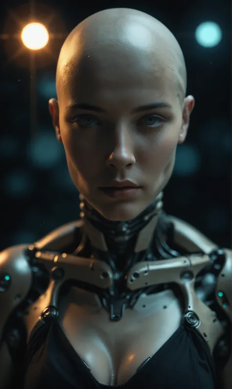 score_9, score_8_up, score_7_up, score_6_up, photo, realism, photorealistic, front view, cowboy shoot, cyborg, bionic, mechanical implants, bald, cleavage, exoskeleton, looking at viewer, dark, dark light, black background, backlight, neon glow, depth of f...