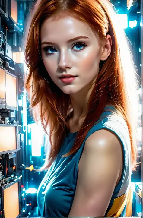 telegenic 20 years old young woman, by Posuka Demizu and Peter Wileman, sparkling eyes, blush, redhead,