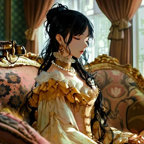  Japanese woman with long straight black hair, looks 20, She is wearing a gold Victorian dress with bows and a fitted off-the-shoulder dress, she has a pearl necklace and she is in a luxurious Victorian house sitting on the sofa with a dynamic pose, is ans...