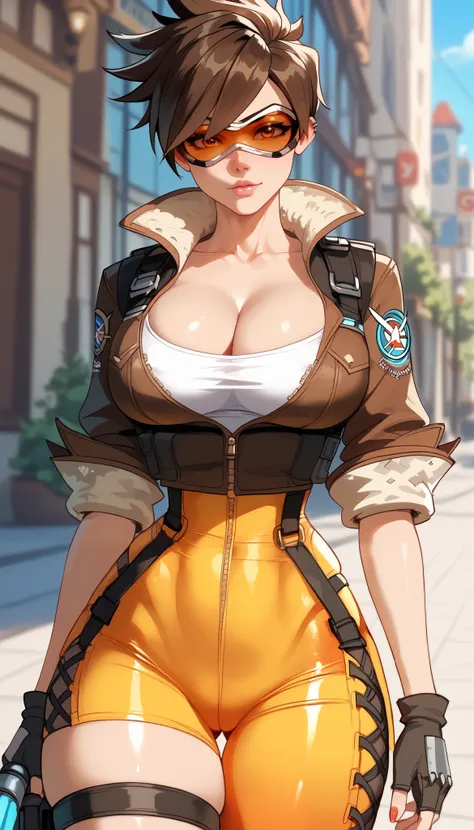  perfect eyes、 perfectly sexy face、 ultra detailed、ultra perfect eyes、Tracer、Overwatch、 shiny hair 、( Big breasts ), showing cleavage、Tight Waist、 thin waist 、May、 Thigh straps 、 shiny skin、Beleza、erotic、series、 looking at the spectator、