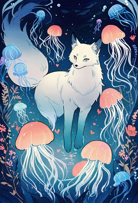  A fox with gray eyes swims in the ocean  , with blue jellyfish swimming around her . The name “JellyFox” is right in the center of the picture.The fox is handsome and beautiful 