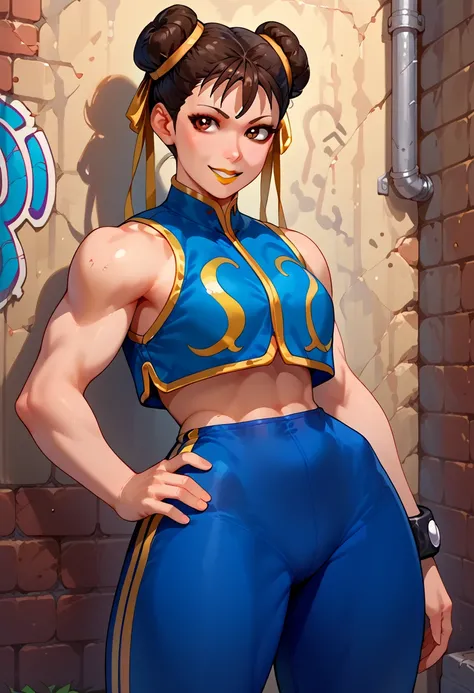 score_9, score_8_up, score_7_up, score_6_up, source_cartoon, BREAK masterpiece. CHUNLIAL, brown eyes, double bun, yellow ribbon, blue jumpsuit, crop top, sleeveless, breasts, hand on own hip, looking at viewer, smile, parted lips, back, rear view, smile, p...