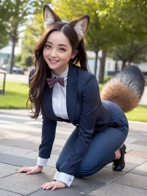 (( top quality, 8k)), ((masterpiece)), ( highest resolution),  perfect face, Woman with fox ears, Woman with a tail,  beautiful woman, Shes a college student , It was taken in the schoolyard, Only one tail, She has thick thighs, Her big fox tail ,  her fox...