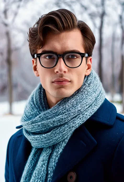 Emotion of a young handsome, handsome guy handsome guy against a beautiful winter background of pleasant color, he is wearing a coat and a beautiful scarf and looks away in the image looks thoughtful and slightly intriguing. He wears glasses with transpare...