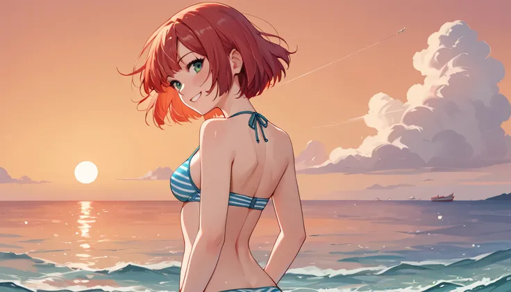 score_9_up, score_8_up, score_7_up, 1girl, solo, source_anime, Beautiful eyes BREAK 

Bob cut, red hair, short hair, Green eyes, medium breasts BREAK 

Blue bikini, navel, striped bikini BREAK 

Standing, from behind, looking back, blush, smile, closed mou...