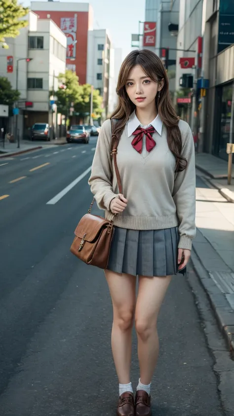 a beautiful 18 year old Japanese high school girl with perfect anatomy, healthy thighs, beautiful legs, beautiful skin, random hair color and style, large breasts, (wearing a Japanese schoolgirl uniform:1.3), (she is standing:1.2), penny loafers, holding a...