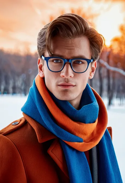 Emotion of a young handsome, handsome guy handsome guy against a beautiful winter background pleasant color, combination of colors orange and blue. he is wearing a coat and a beautiful scarf and looks away in the image looks thoughtful and slightly intrigu...