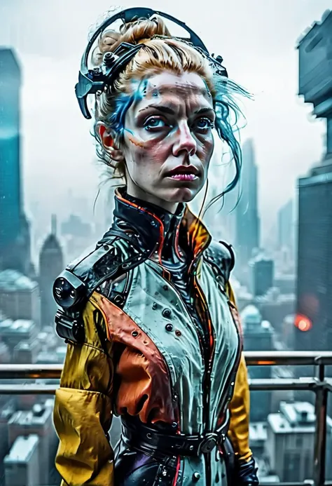 abstract colors, texture, film grain, skin pores:0.1 intricate dramatic portrait of a beautiful windblown scifi scientist standing on a balcony overlooking a futuristic (solarpunk)1.2 city, foggy morning, cinematic movie still frame, blade runner 2049, pun...