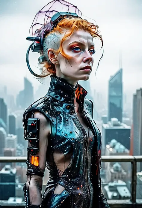 abstract colors, texture, film grain, skin pores:0.1 intricate dramatic portrait of a beautiful windblown scifi scientist standing on a balcony overlooking a futuristic (solarpunk)1.2 city, foggy morning, cinematic movie still frame, blade runner 2049, pun...