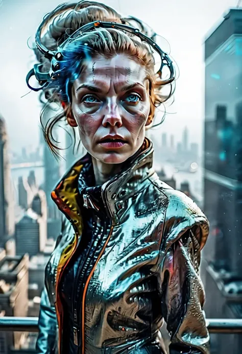 abstract colors, texture, film grain, skin pores:0.1 intricate dramatic portrait of a beautiful windblown scifi scientist standing on a balcony overlooking a futuristic (solarpunk)1.2 city, foggy morning, cinematic movie still frame, blade runner 2049, pun...