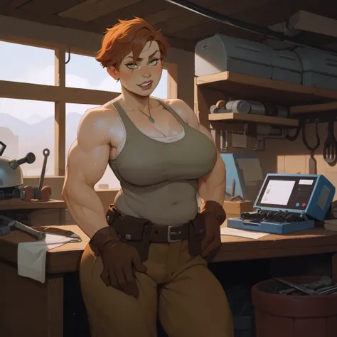 Young woman, short hair, tomboy, athletic, buff, big arms, chunky, green eyes, large breasts, wide hips, muscular, chubby, gray tank top, sweaty, baggy cargo trousers, tool belt, brown leather gloves, workshop, mechanic, robot workshop, (incase:0.35)