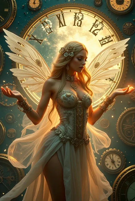 ((masterpiece)) ((photography)) ((Highest quality)) A detailed 3D mystical time gear fairy, blending elegance and mechanical precision. She has delicate, translucent wings with intricate clockwork patterns, gears, and cogs spinning softly within them. Her ...