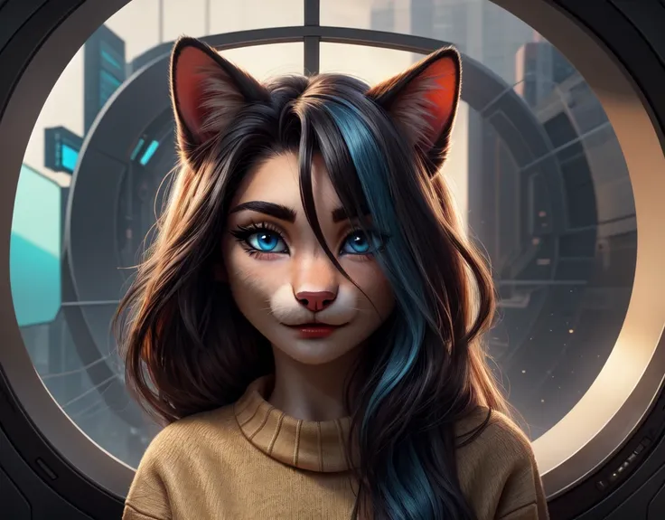 (photorealism1.2), female anthropomorphic cat, black fur, white spot in midle of face and neck, blue cyan eyes, white sclera, deatailed eyes,  eyelashes, brown straight long hair, eyebrows, red nails, light beige sweater, jeans, looking to viewer, touching...