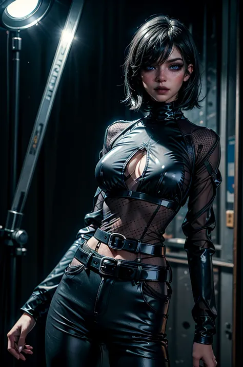 lora_Emma, perfecteyes eyes,cowboy shot,a pretty 21 year old girl,back hair,short hair, hair over one eye,blue eyes,lora_Emma,skinny body type, (((very long sleeved black mesh shirt))),(covered torso),(very high-waist black ultra glossy and shiny latex pan...