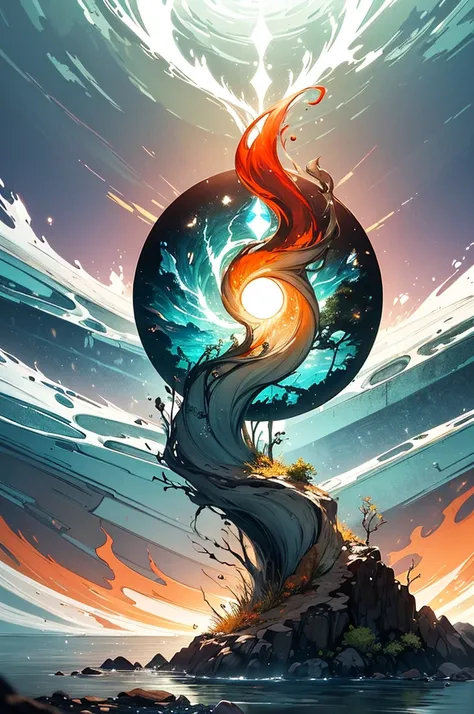 "A symbol representing elemental magic. In the center, a circle with four divisions, each representing a primordial element: fire, water, earth and air. Fire is represented by intertwining flames, with warm colors of orange and red. The water is symbolized...