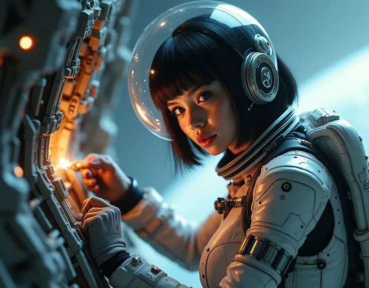 A female astronaut doing repair work on the exterior of a gigantic space station, looking back at the viewer, beautiful eyes, beautiful detailed face, sexy hourglass figure, large upward facing breasts, wide curvy hips, sexy spacesuit, (spherical transpare...