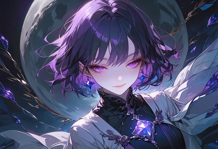  one girl、 short haired 、Black Hair、Purple,青色dip-dye hair、Purpleの瞳、smile、 Soft Atmosphere 、purple crystal、blue crystal、whole body、moon、View from above、 eyes closed