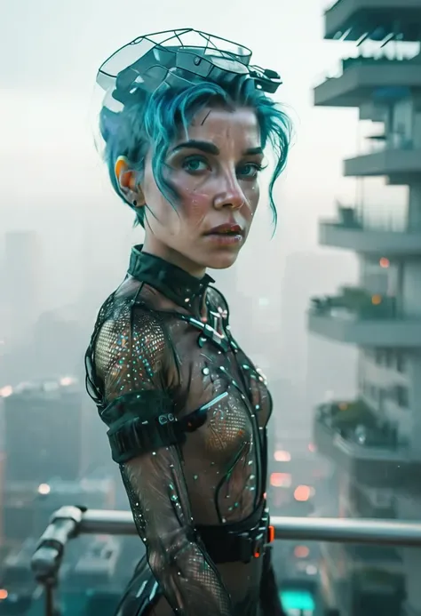 abstract colors, texture, film grain, skin pores:0.1 intricate dramatic portrait of a beautiful windblown scifi scientist standing on a balcony overlooking a futuristic (solarpunk)1.2 city, foggy morning, cinematic movie still frame, blade runner 2049, pun...