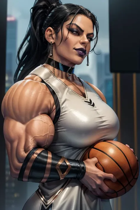 ((Close-up)), tall, (jet black hair) beautiful muscular woman, wavy ponytail, black skinned, ((smirking)), (black lipstick), (massive muscles), (hyper muscle), ((ginormous bulky muscles)), white eyes, ((((long metallic basketball jersey Dress)))), (Crystal...