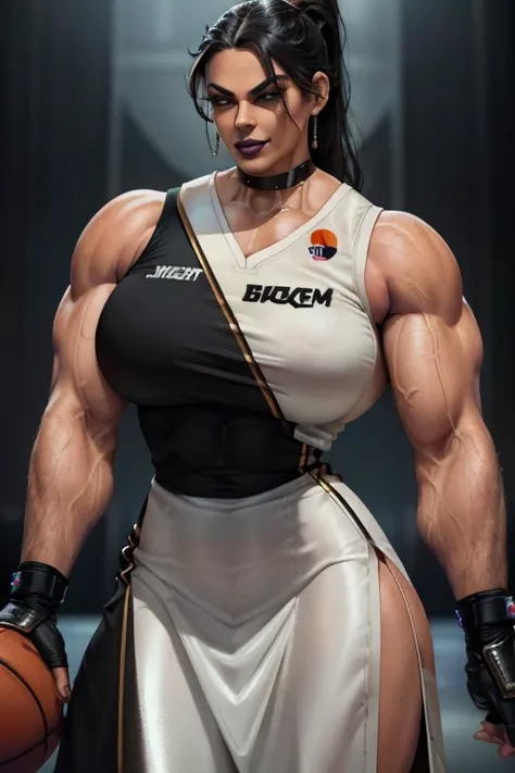 ((Close-up)), tall, (jet black hair) beautiful muscular woman, wavy ponytail, black skinned, ((smirking)), (black lipstick), (massive muscles), (hyper muscle), ((ginormous bulky muscles)), white eyes, ((((long metallic basketball jersey Dress)))), (Crystal...