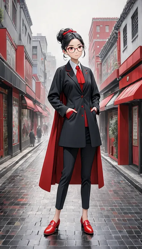 a  dressed in a suit and red cape standing on the street, 1girl, hands on hips, double bun, solo, black-framed eyewear, hair bun, glasses, looking at viewer, cape, blush, standing, shoes, red footwear, long sleeves, closed mouth, full body, black hair