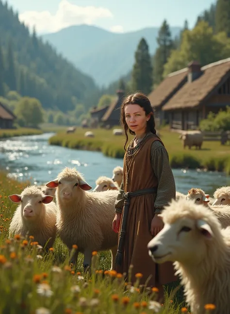 Young girl looking after some ren on the banks of the Inn River, in the Venoste Valley, in Europe. In the background, the Neolithic village. Realistic image.