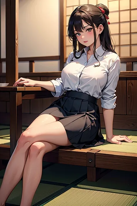 (( top quality)), ((  masterpiece  )), (  detailed hands , Detailed Fingers ,Detailed feet), perfect anatomy,  1 28 year old Japanese girl, Side view of a girl,Turn your face to the audience to the audience,Big Breasts,Sexy office lady,White collared shirt...