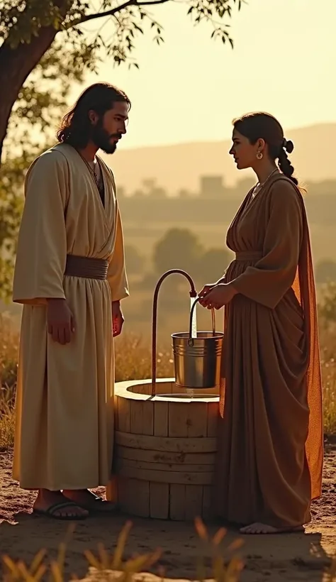 Jesus and the Samaritan woman in a movie scene.  Theyre next to the well . They dont touch each other .  The Samaritan woman is holding a bucket full of water. They are at a distance of approximately 2 meters 