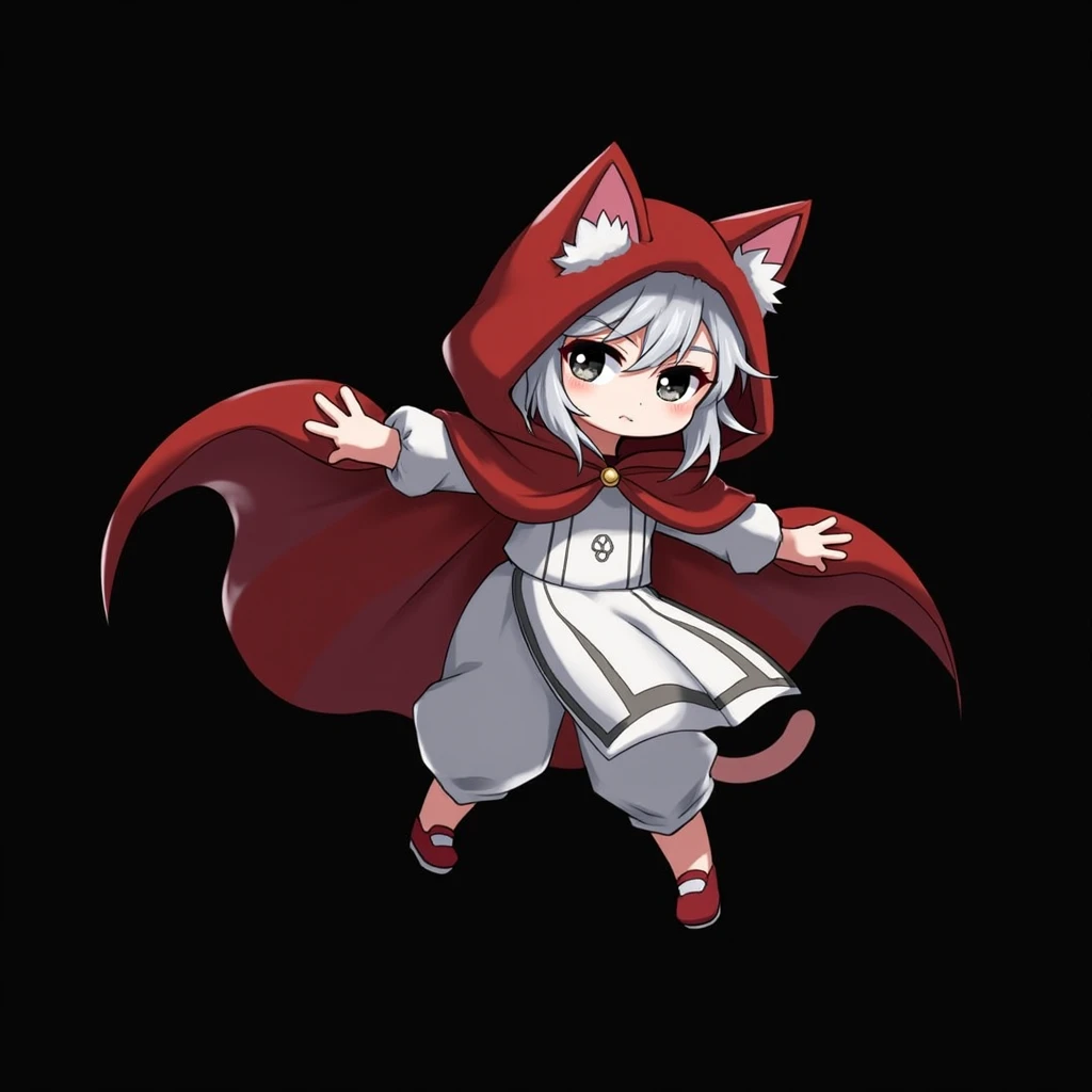 Young girl, non-human, white skin, white hair with bangs, black eyes with white iris.
Wearing a white long sleeve shirt with gray details, white long pants/dress, with gray details
Wearing a red cape with cat ears on the hood