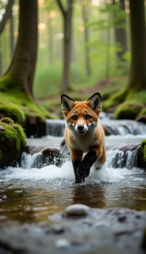 A Fox cub running free in a stream. In a forest 