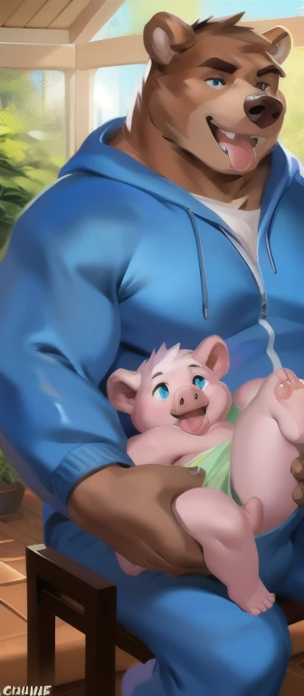 Living with baby pig , male Tall​, Chair Ride, Garden Room,Hugging the body of a baby pig, Bear​, blue Tracksuit​ soldier​, overweight, muscular, Open your mouth and droole, lick your tongue.​, by chunie