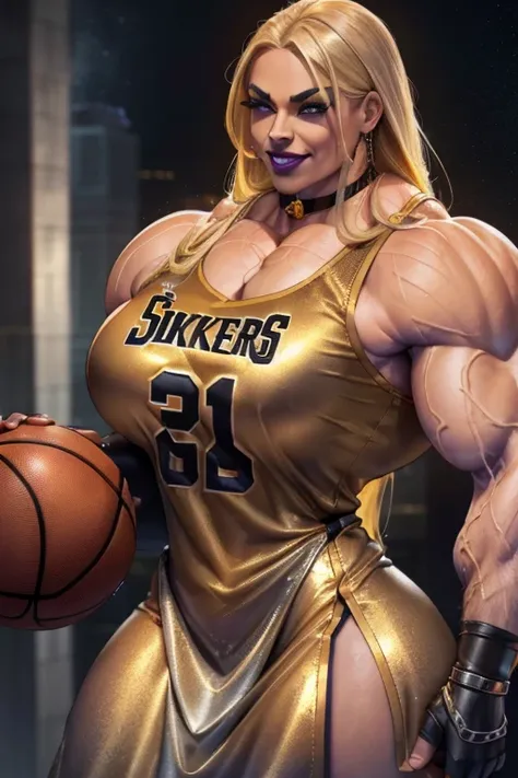 ((Close-up)), tall, (yellow hair) beautiful muscular latino woman, long hair, brown skinned, ((smirking)), (black lipstick), (massive muscles), (hyper muscle), ((ginormous bulky muscles)), gray eyes, ((((long metallic basketball jersey Dress)))), (Crystall...