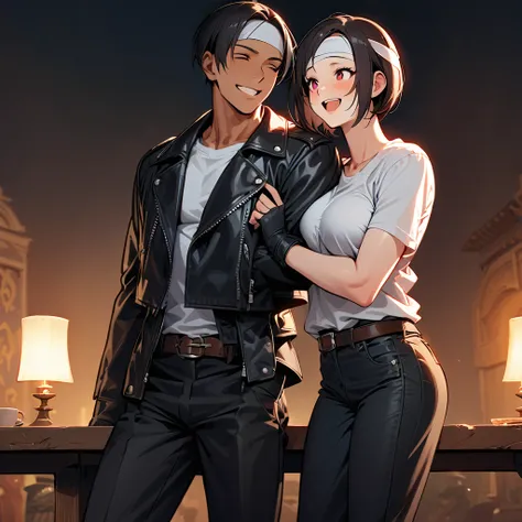   masterpiece  ,  super high resolution,  perfect anatomy, (Faithfulness: 1.4),  laughing, Short-haired boy, 2 The man on the hill    girl,  black hair,  Shortcut, Dark Skin, red eyes, Worn by women ((  Black Leather Jacket with Rolled Arms)), fingerless g...