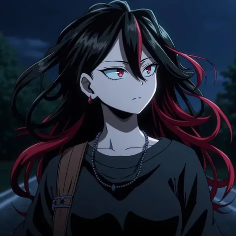 Screenshot of boku no hero academy, a girl with long black hair like the night with dark blue tips, make her foxy eyes with the colour red like blood make her using uniform, a gray blazer, red tie a skirt.