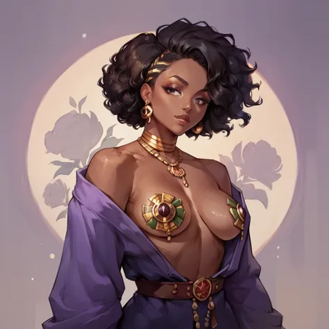 a dark african american ebony skinned female with lustrous curly hair, wearing a deep purple robe and a bunch of ornate gold jewelry, is a shadow wizard money gang