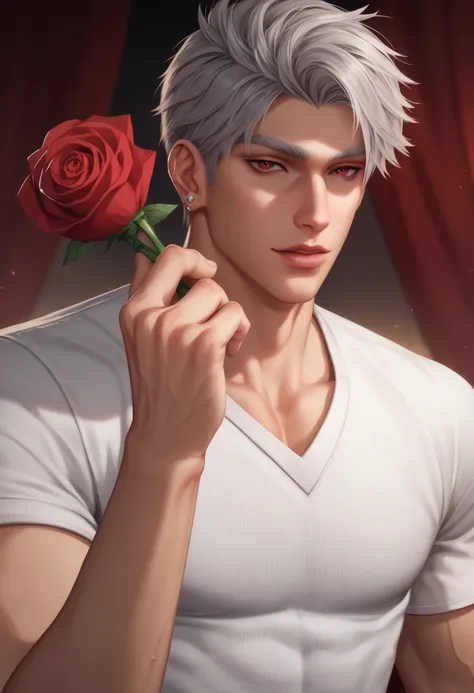 1 male, adult male, 30 years old, solo, short hair, gray hair, red eyes, accent on the eyes, long white eyelashes, silver jewelry, athletic build, silver piercing in the ears, pale skin, sexy man, man in a black shirt, on the background of a homely atmosph...