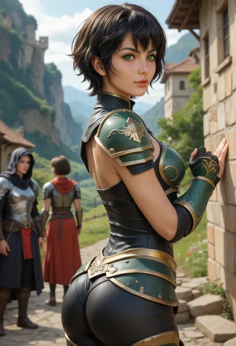 a strong and svelte human woman of about 23 years of age with black skin and with face resembling Motoko Kusanagi with a short assymetric hair cut with a small braid on a side and green eyes, wearing a light golden and blue chest thin plate armor with clot...