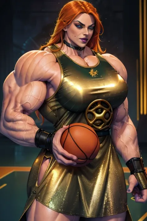 ((Close-up)), tall, (orange hair) beautiful muscular woman, long shaggy hair, white skinned, ((smirking)), (black lipstick), (massive muscles), (hyper muscle), ((ginormous bulky muscles)), green eyes, ((((long metallic basketball jersey Dress)))), (Crystal...